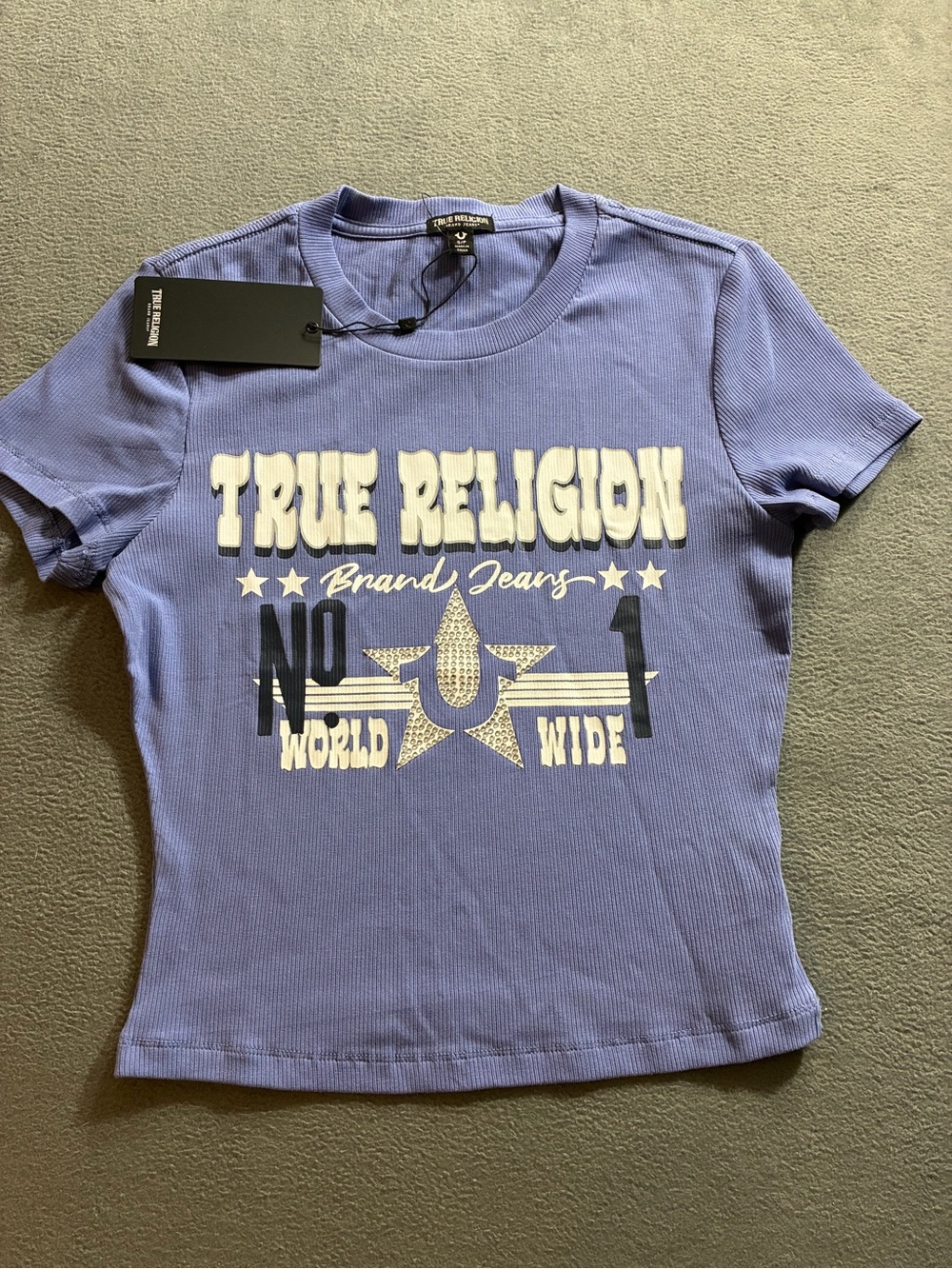 True Religion Lavender Graphic Logo Ribbed Short Sleeve Tee